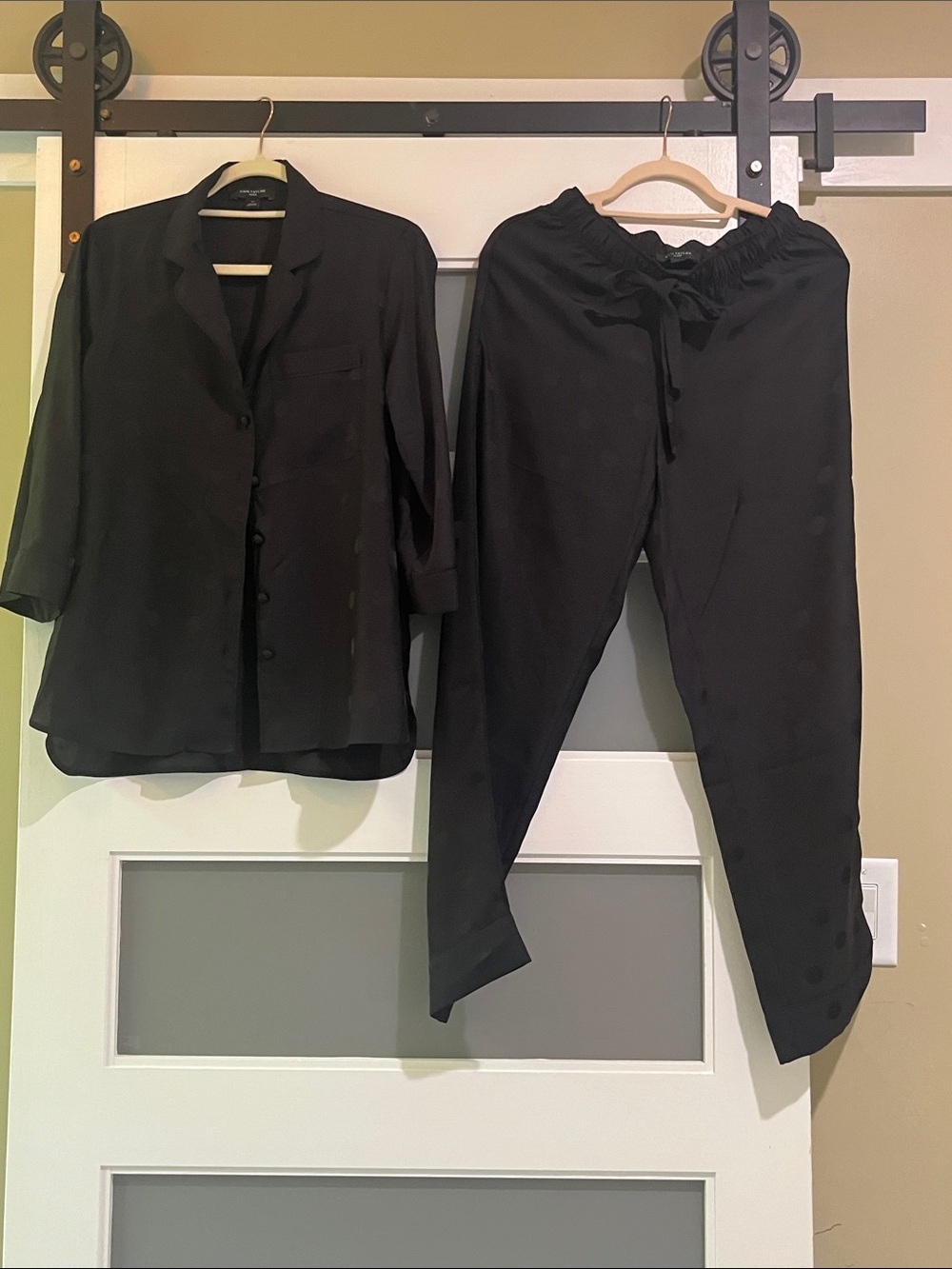 Ann Taylor Black polka dot Satin Pajama Set - Button Shirt & Drawstring Pants XS